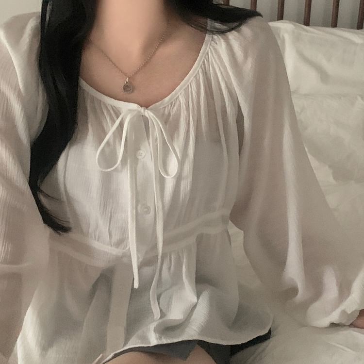 이퓨 스트랩 리본 시스루 퍼프 긴팔 블라우스 3color 아이보리