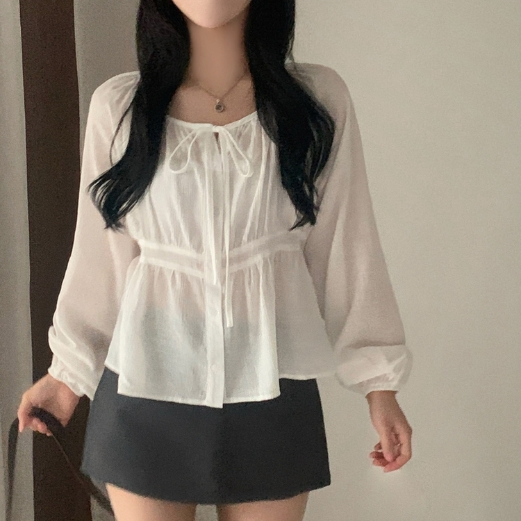 이퓨 스트랩 리본 시스루 퍼프 긴팔 블라우스 3color 아이보리