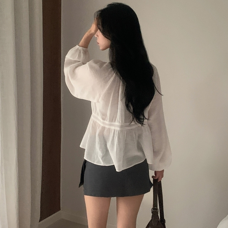 이퓨 스트랩 리본 시스루 퍼프 긴팔 블라우스 3color 아이보리