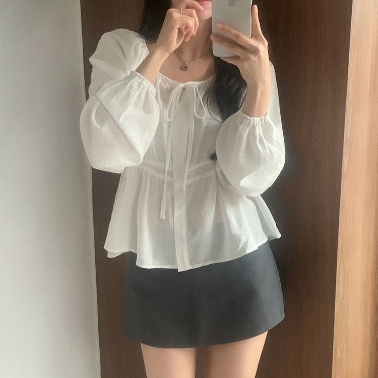 이퓨 스트랩 리본 시스루 퍼프 긴팔 블라우스 3color 아이보리