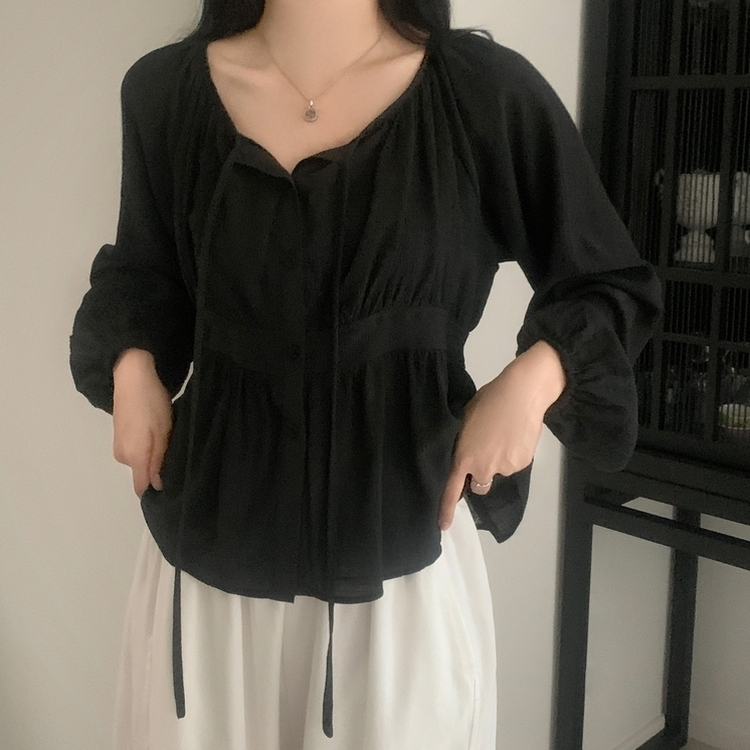 이퓨 스트랩 리본 시스루 퍼프 긴팔 블라우스 3color 블랙