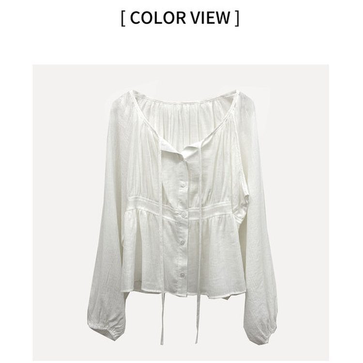 이퓨 스트랩 리본 시스루 퍼프 긴팔 블라우스 3color