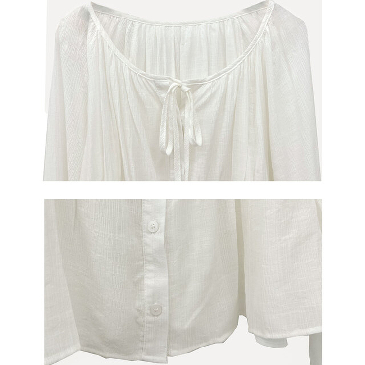 이퓨 스트랩 리본 시스루 퍼프 긴팔 블라우스 3color