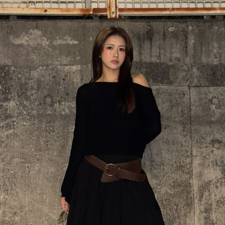 와이드 스터드 레더 벨트 브라운