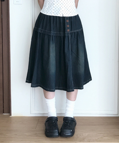 ウッドボタンフレアミディデニムスカート VINTAGE BLUE