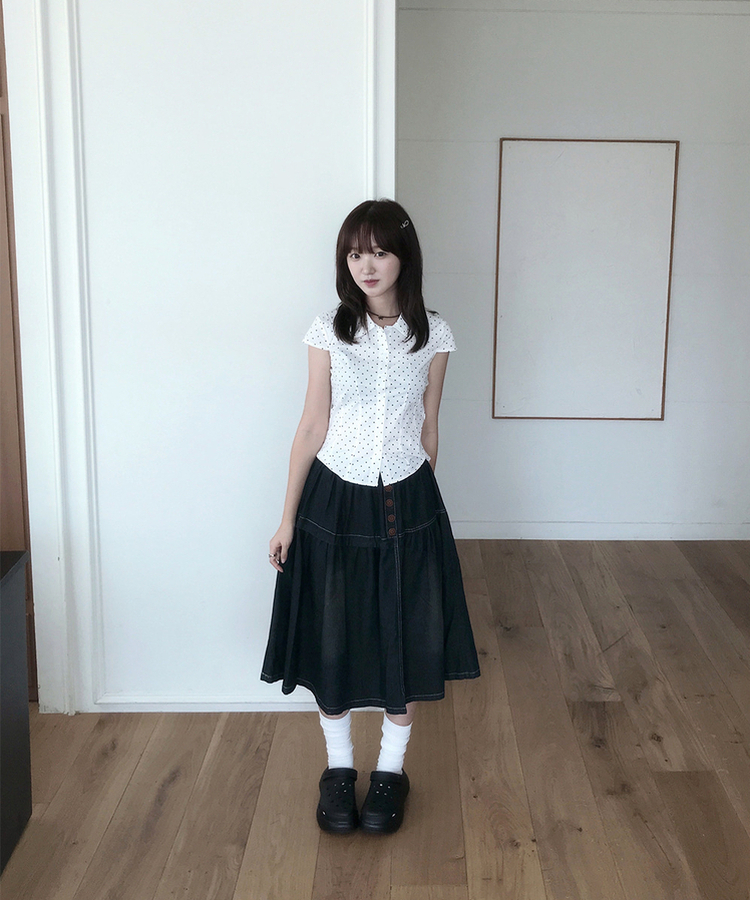 ウッドボタンフレアミディデニムスカート VINTAGE BLUE