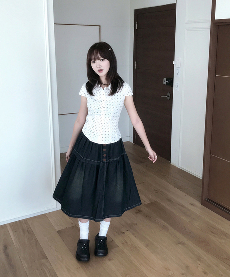 ウッドボタンフレアミディデニムスカート VINTAGE BLUE