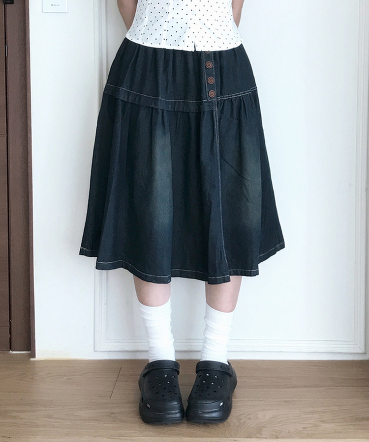 ウッドボタンフレアミディデニムスカート VINTAGE BLUE