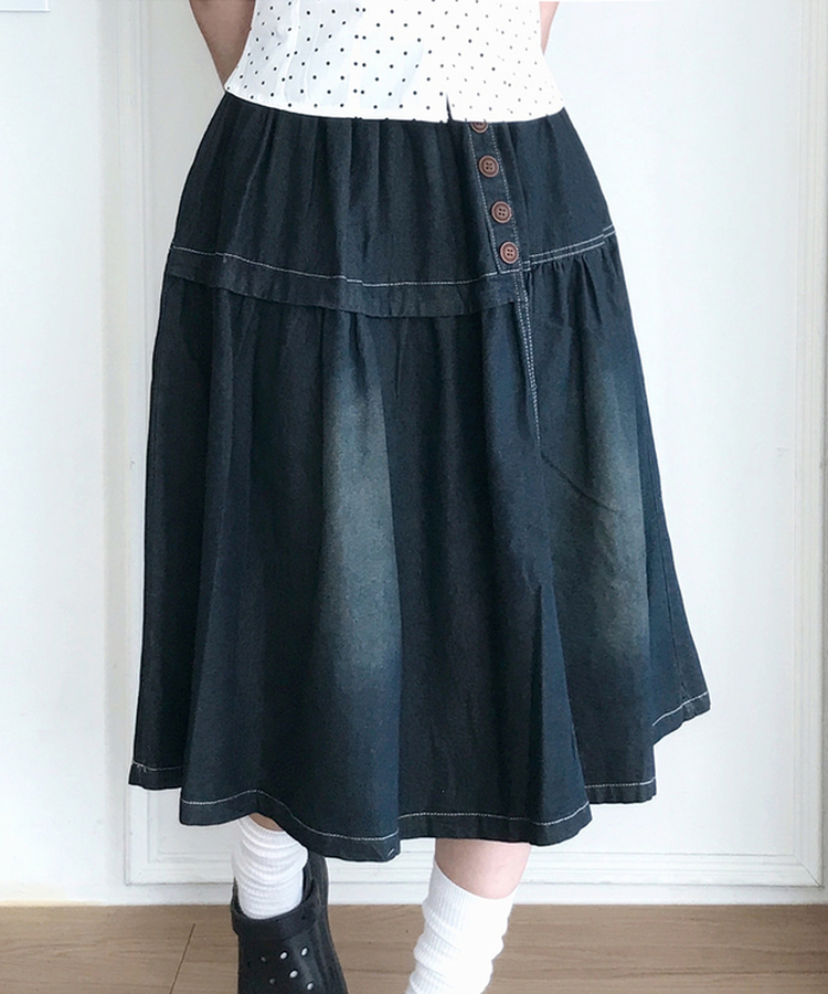 ウッドボタンフレアミディデニムスカート VINTAGE BLUE