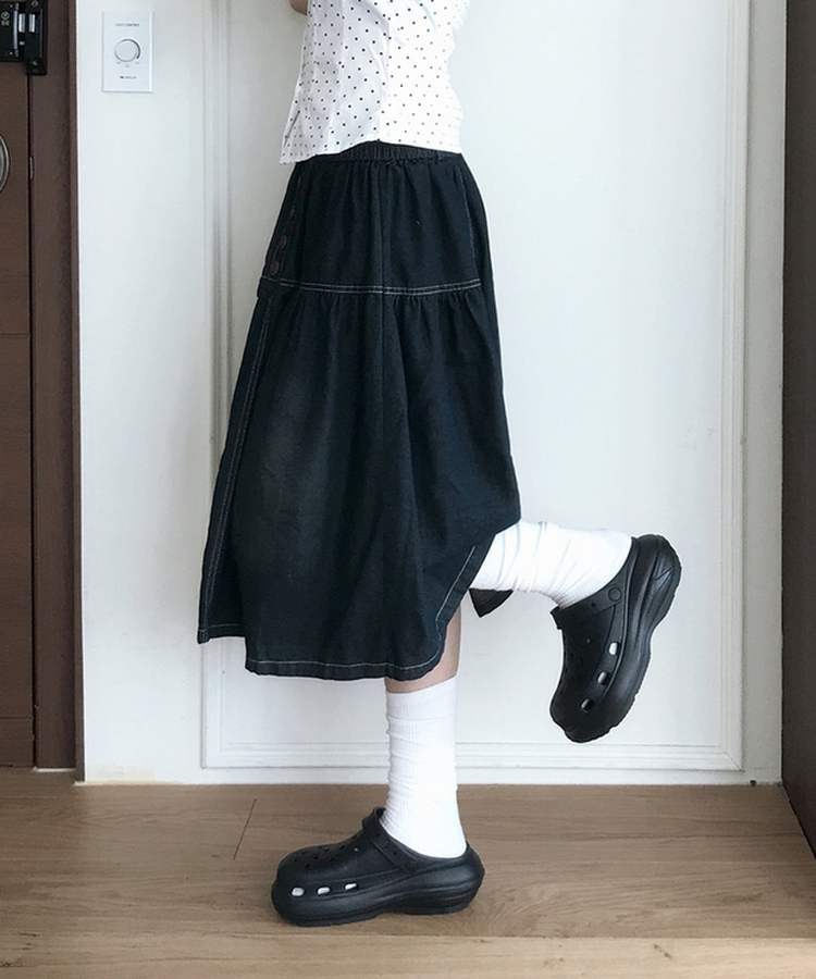 ウッドボタンフレアミディデニムスカート VINTAGE BLUE