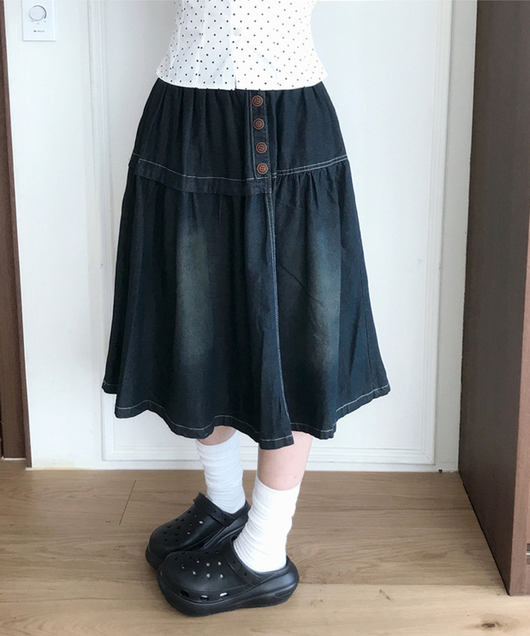 ウッドボタンフレアミディデニムスカート VINTAGE BLUE