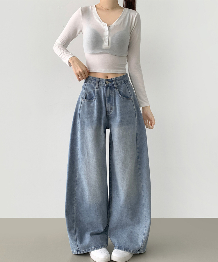 2XL절개 라인 빈티지 벌룬 와이드 데님팬츠 연청