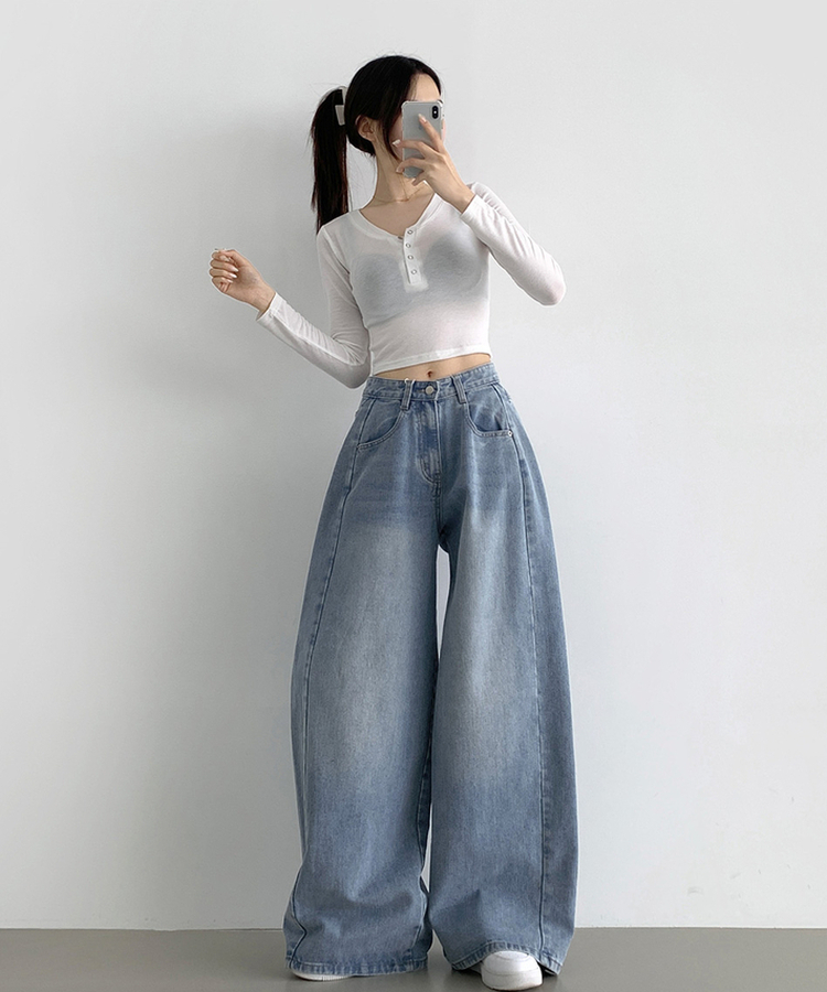 2XL절개 라인 빈티지 벌룬 와이드 데님팬츠 연청