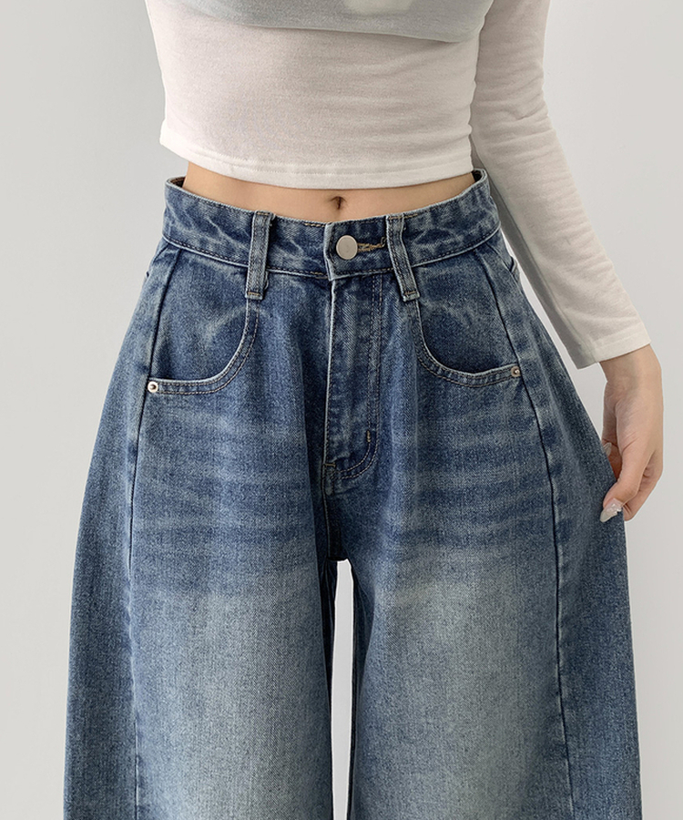 2XL절개 라인 빈티지 벌룬 와이드 데님팬츠 중청