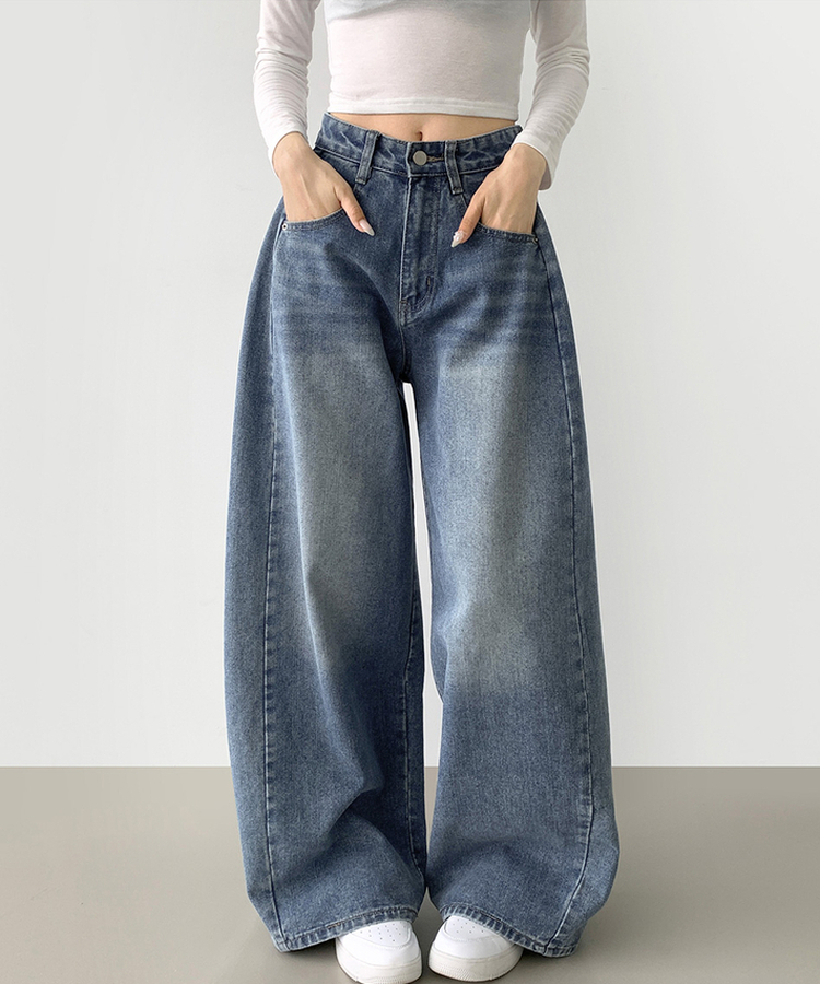 2XL절개 라인 빈티지 벌룬 와이드 데님팬츠 중청