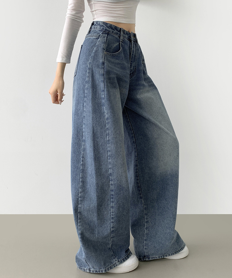 2XL절개 라인 빈티지 벌룬 와이드 데님팬츠 중청
