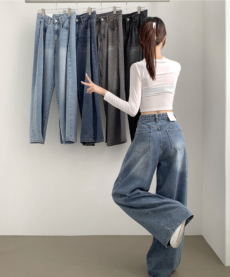 2XL절개 라인 빈티지 벌룬 와이드 데님팬츠 중청