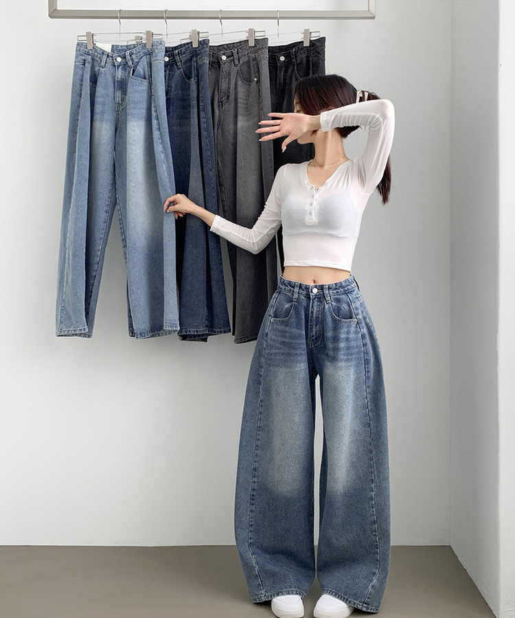 2XL절개 라인 빈티지 벌룬 와이드 데님팬츠 중청