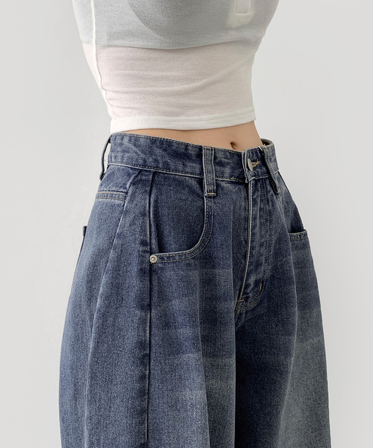 2XL절개 라인 빈티지 벌룬 와이드 데님팬츠 진청