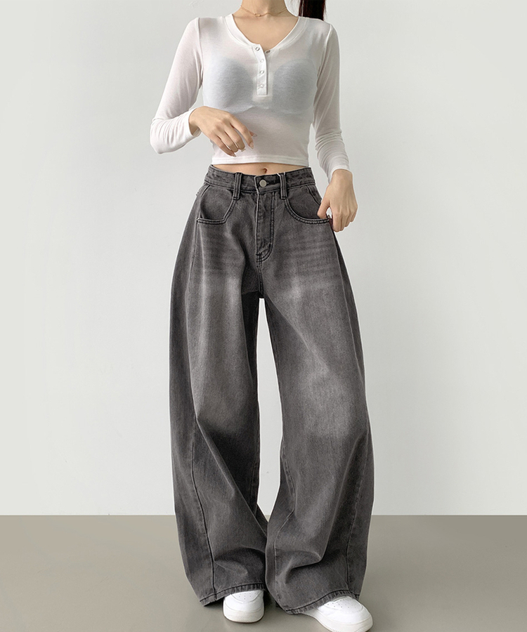 2XL절개 라인 빈티지 벌룬 와이드 데님팬츠 그레이