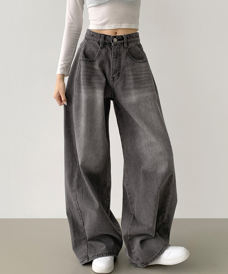 2XL절개 라인 빈티지 벌룬 와이드 데님팬츠 그레이