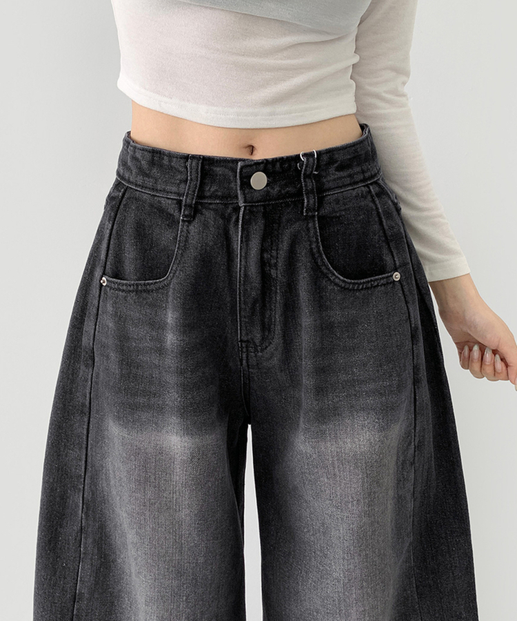 2XL절개 라인 빈티지 벌룬 와이드 데님팬츠 흑청