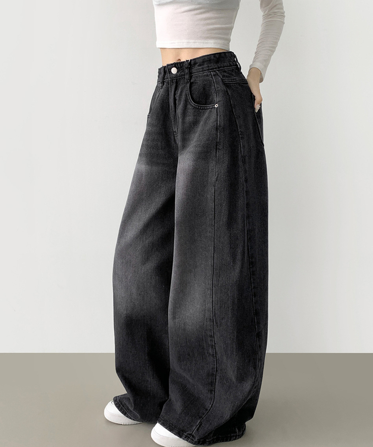 2XL절개 라인 빈티지 벌룬 와이드 데님팬츠 흑청