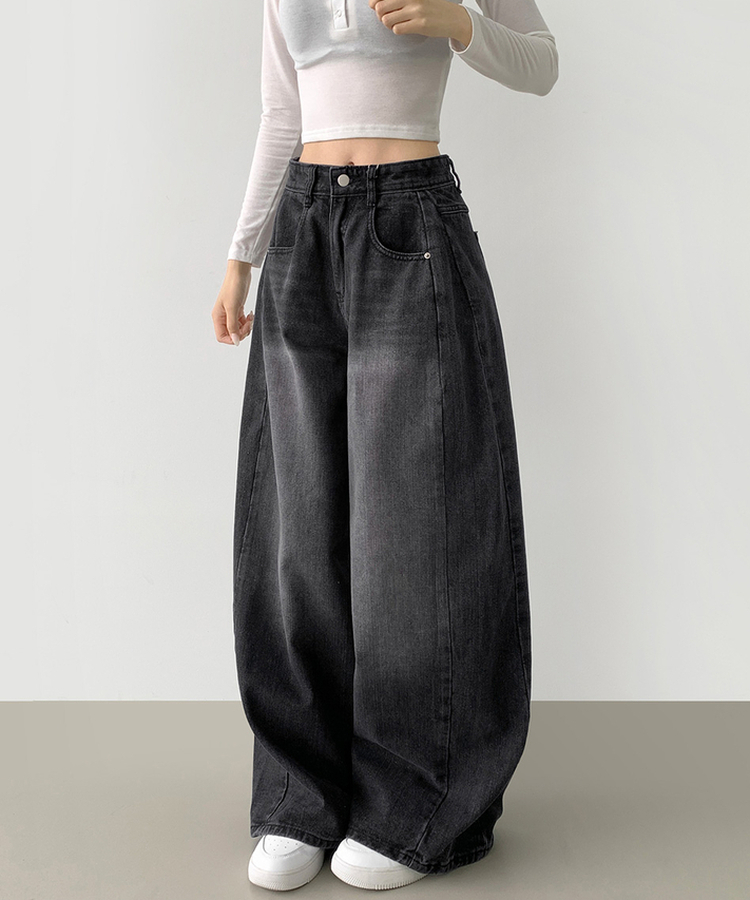 2XL절개 라인 빈티지 벌룬 와이드 데님팬츠 흑청