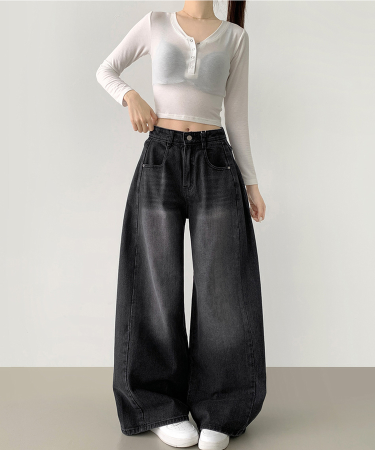2XL절개 라인 빈티지 벌룬 와이드 데님팬츠 흑청
