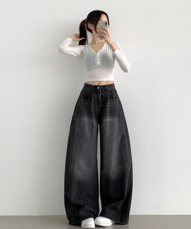 2XL절개 라인 빈티지 벌룬 와이드 데님팬츠 흑청