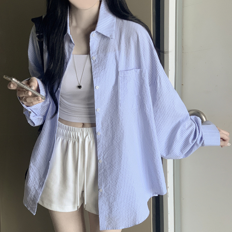 여름 블루 그레이 스트라이프 왕박시 긴팔 셔츠 남방 빅사이즈 살탐방지 여름아우터 살안타템 블루