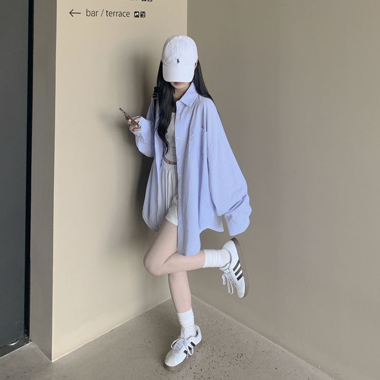 여름 블루 그레이 스트라이프 왕박시 긴팔 셔츠 남방 빅사이즈 살탐방지 여름아우터 살안타템 블루