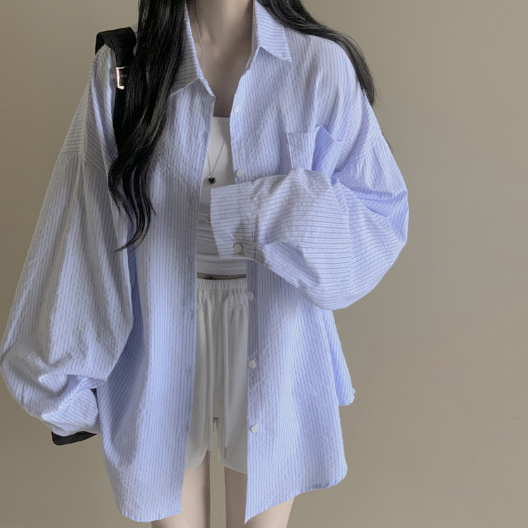 여름 블루 그레이 스트라이프 왕박시 긴팔 셔츠 남방 빅사이즈 살탐방지 여름아우터 살안타템 블루