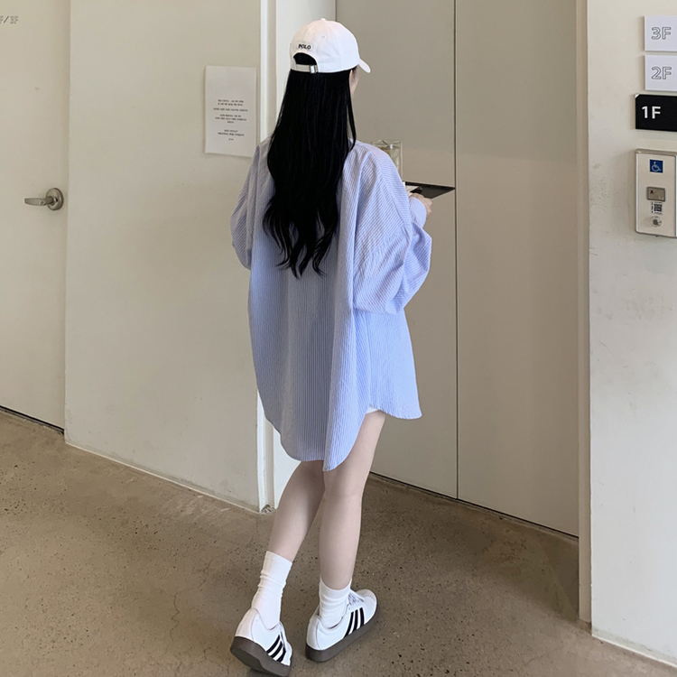 여름 블루 그레이 스트라이프 왕박시 긴팔 셔츠 남방 빅사이즈 살탐방지 여름아우터 살안타템 블루