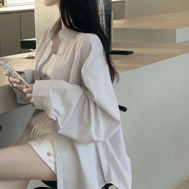 여름 블루 그레이 스트라이프 왕박시 긴팔 셔츠 남방 빅사이즈 살탐방지 여름아우터 살안타템 그레이