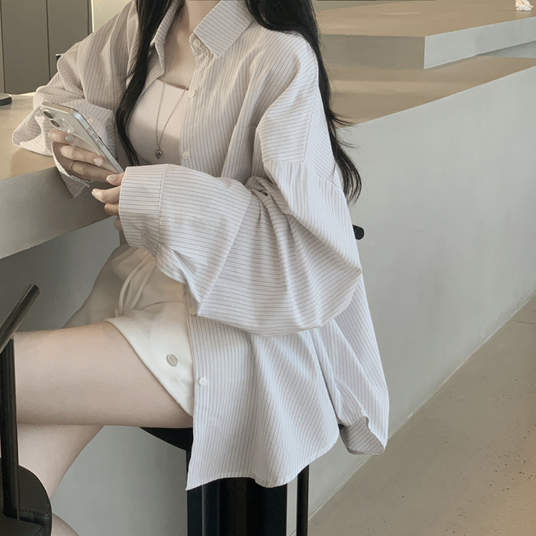 여름 블루 그레이 스트라이프 왕박시 긴팔 셔츠 남방 빅사이즈 살탐방지 여름아우터 살안타템 그레이