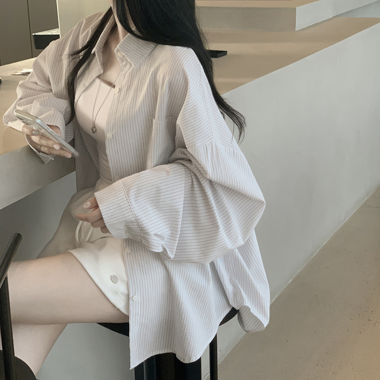 여름 블루 그레이 스트라이프 왕박시 긴팔 셔츠 남방 빅사이즈 살탐방지 여름아우터 살안타템 그레이