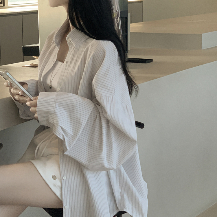 여름 블루 그레이 스트라이프 왕박시 긴팔 셔츠 남방 빅사이즈 살탐방지 여름아우터 살안타템 그레이