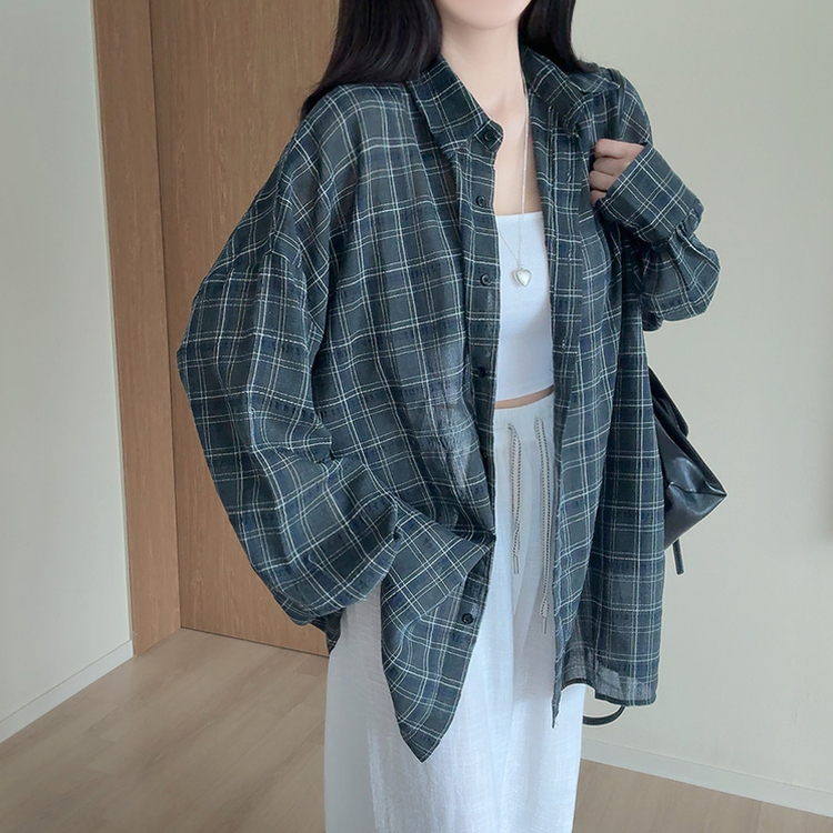 リネンチェックオーバーシャツカーディガン KHAKI