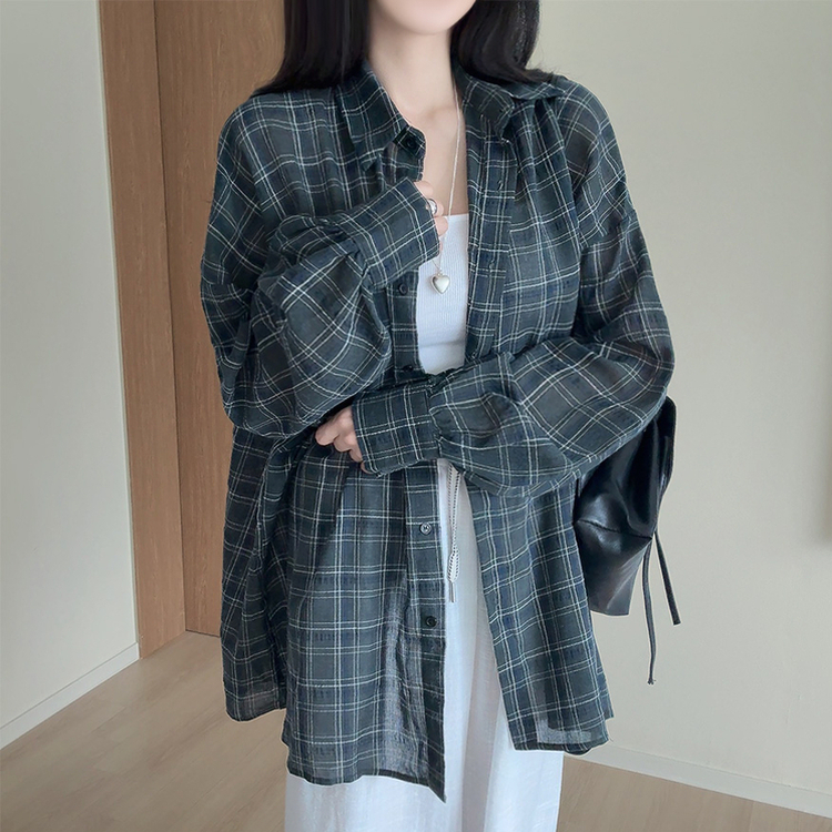 リネンチェックオーバーシャツカーディガン KHAKI