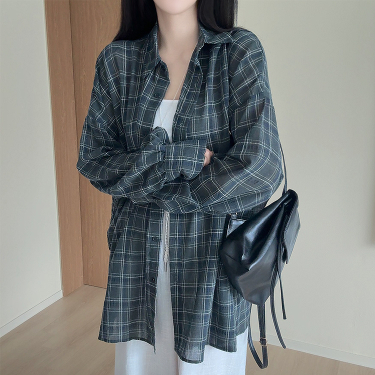 リネンチェックオーバーシャツカーディガン KHAKI