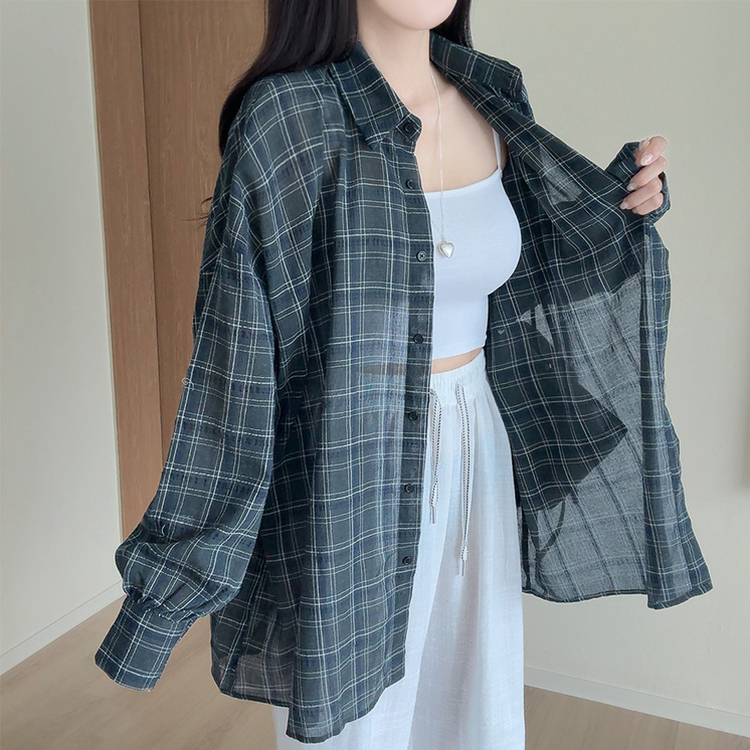 リネンチェックオーバーシャツカーディガン KHAKI