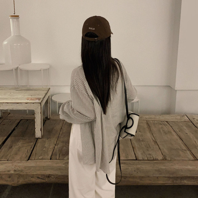 구름이야 셔츠야소프트 스트라이프 루즈핏 남녀공용 긴팔셔츠 브라운