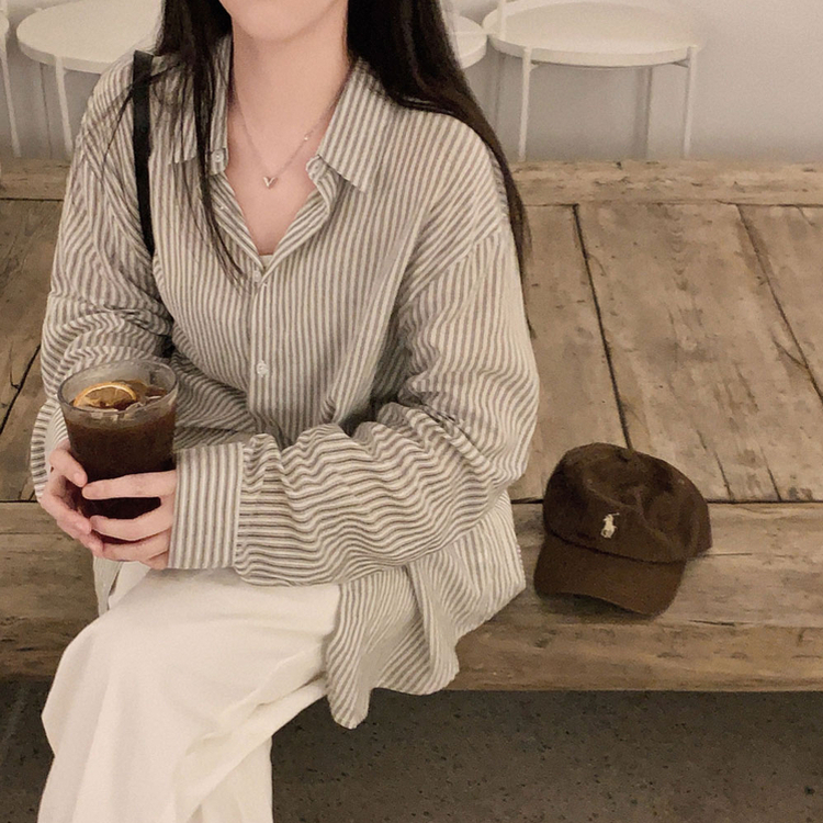 구름이야 셔츠야소프트 스트라이프 루즈핏 남녀공용 긴팔셔츠 브라운