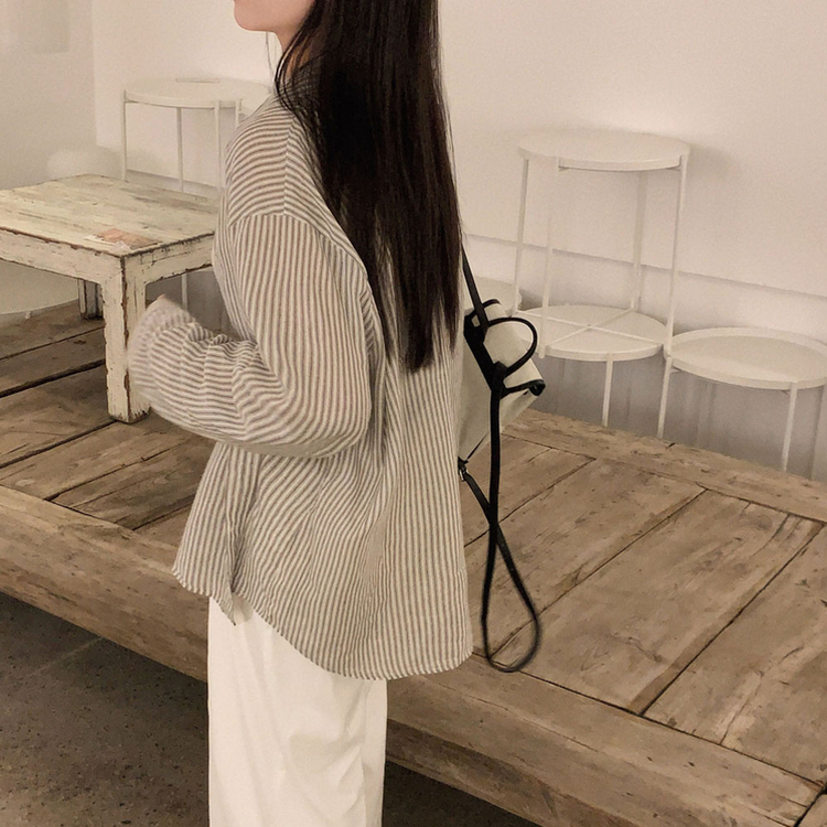 구름이야 셔츠야소프트 스트라이프 루즈핏 남녀공용 긴팔셔츠 브라운