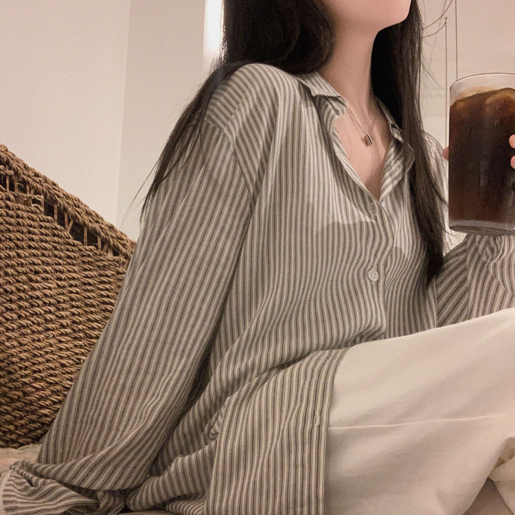구름이야 셔츠야소프트 스트라이프 루즈핏 남녀공용 긴팔셔츠 브라운