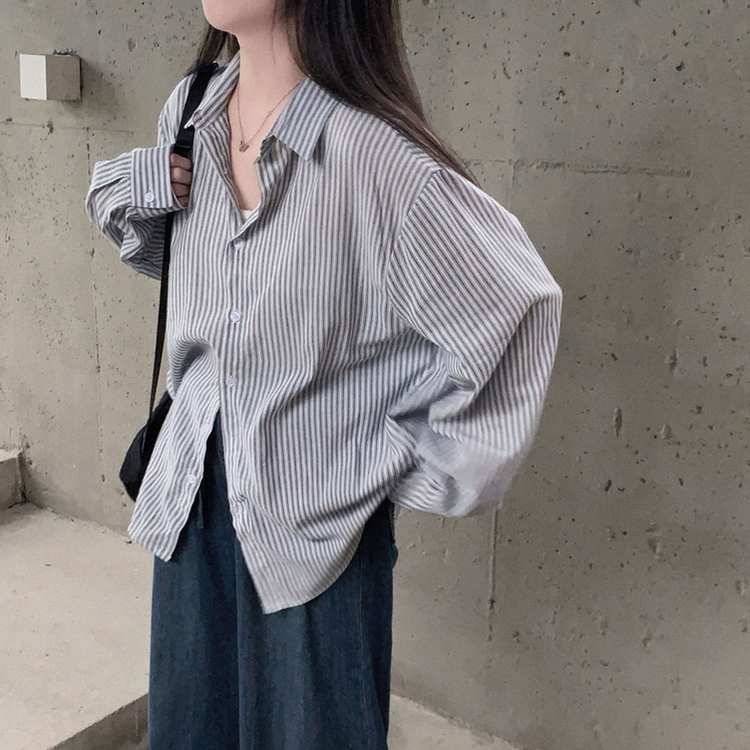 구름이야 셔츠야소프트 스트라이프 루즈핏 남녀공용 긴팔셔츠 네이비