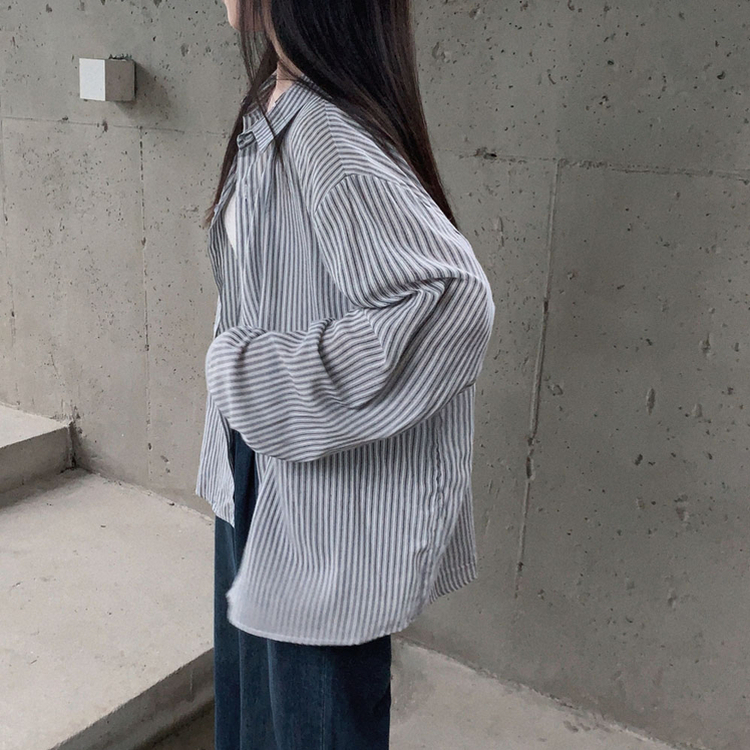 구름이야 셔츠야소프트 스트라이프 루즈핏 남녀공용 긴팔셔츠 네이비