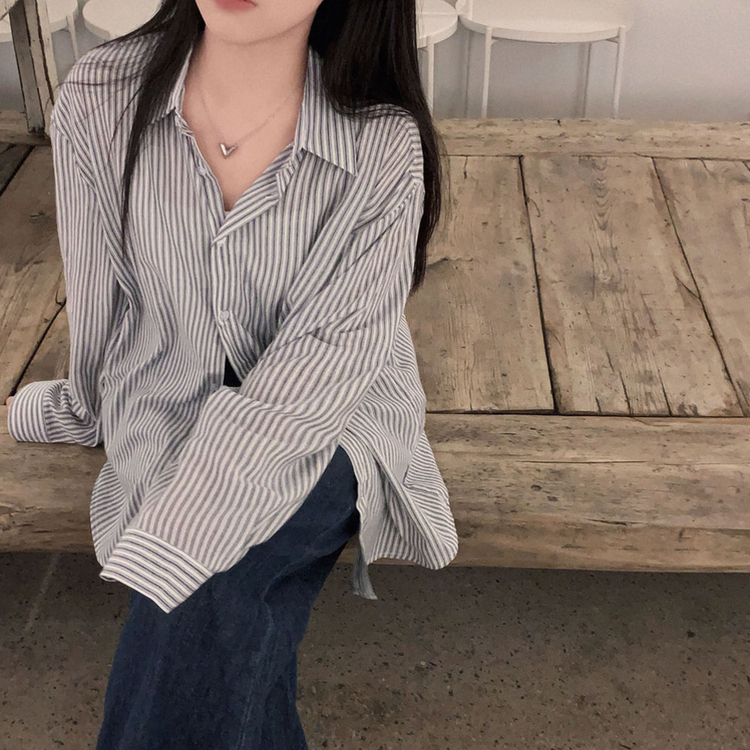 구름이야 셔츠야소프트 스트라이프 루즈핏 남녀공용 긴팔셔츠 네이비