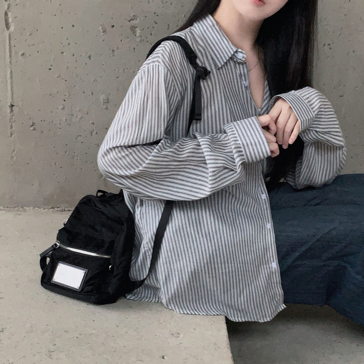 구름이야 셔츠야소프트 스트라이프 루즈핏 남녀공용 긴팔셔츠 네이비